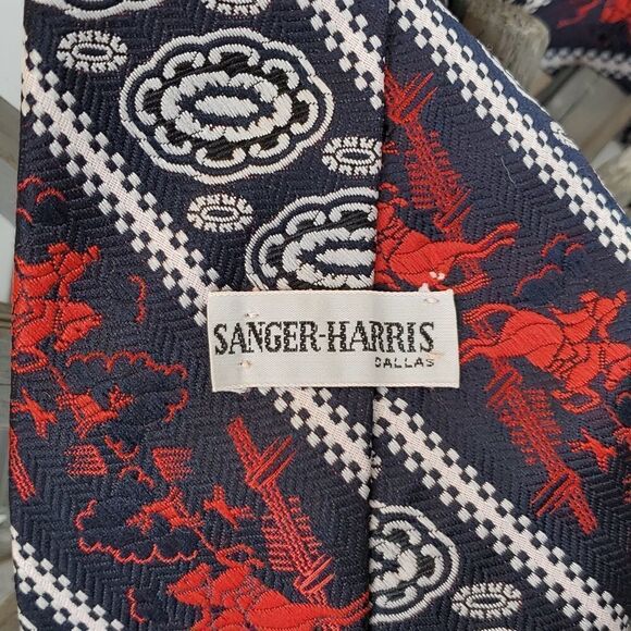 Vintage R/W/B Equestrian Horses & Flowers Wide Statement Tie, So Fabulous! - Picture 5 of 6